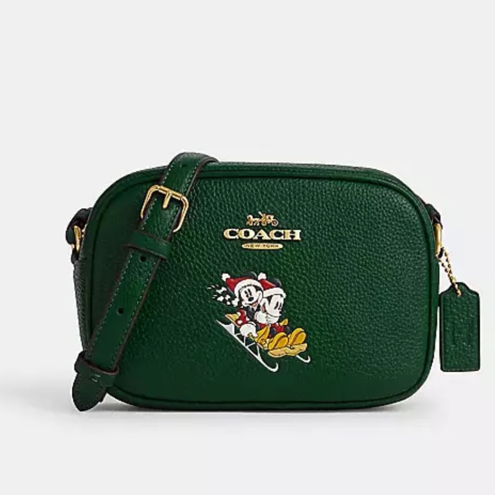 ⭐️NEW!⭐️COACH Mickey and Minnie on a sled, Green camera bag with ID holder